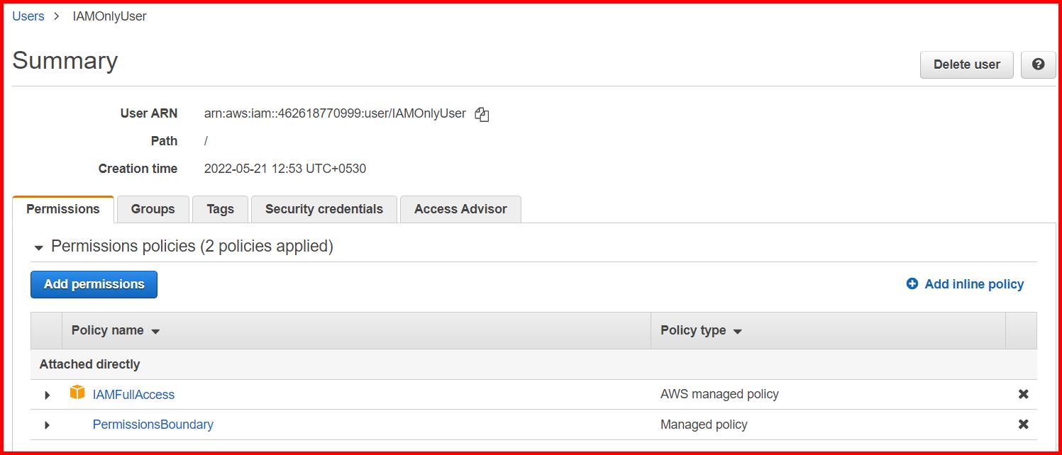 Picture showing the permissionboundary policy added as a permission boundary